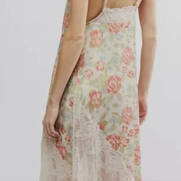 Free People First Date Printed Maxi Slip Dress Small Tea Combo